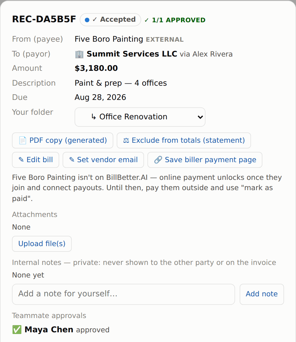 A bill opened in BillBetter.AI showing an approved teammate sign-off, folder assignment, and payment actions