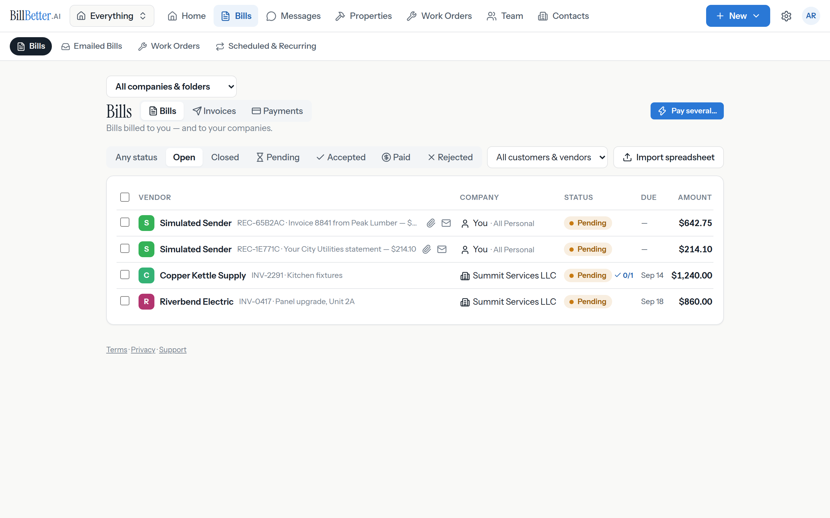 The Bills tab: statuses, folder filters for companies and personal, and quick actions on every bill