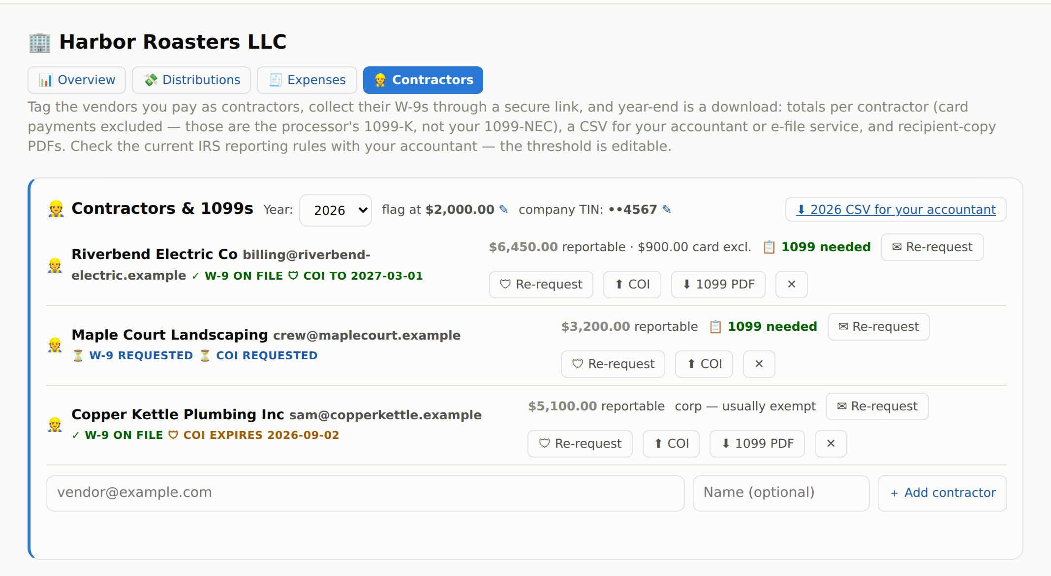 A company's Tax Forms tab: year totals per contractor with card payments excluded, W-9 and certificate-of-insurance status chips, 1099 flags, and the CSV download