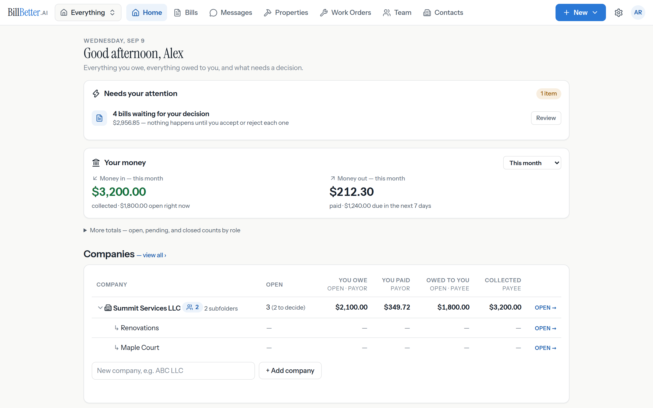 The BillBetter.AI dashboard: pending, approved, and paid totals as biller and payer, plus your companies at a glance