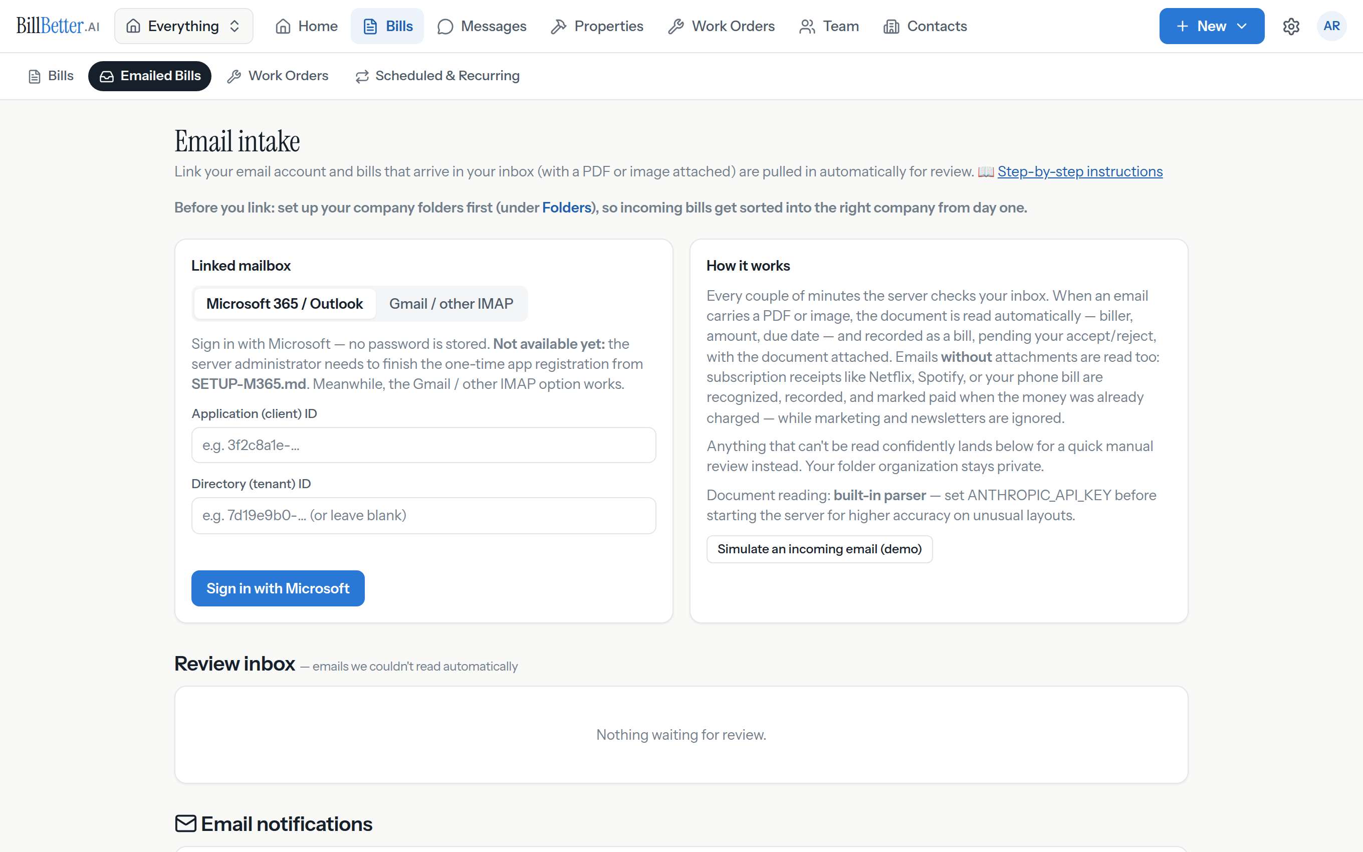 Email intake: a linked mailbox with intake rules, and a review inbox of emails waiting for a quick decision