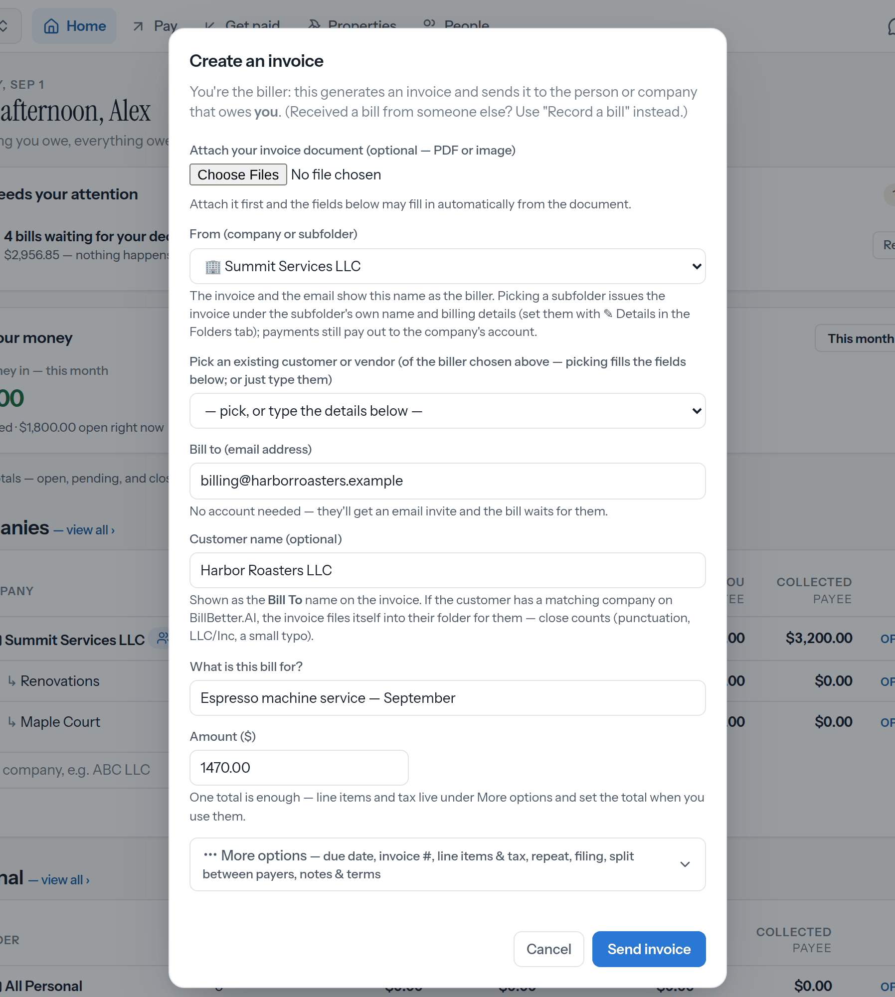 The Create invoice form: customer, description and amount filled in, with More options folded away and a Send invoice button