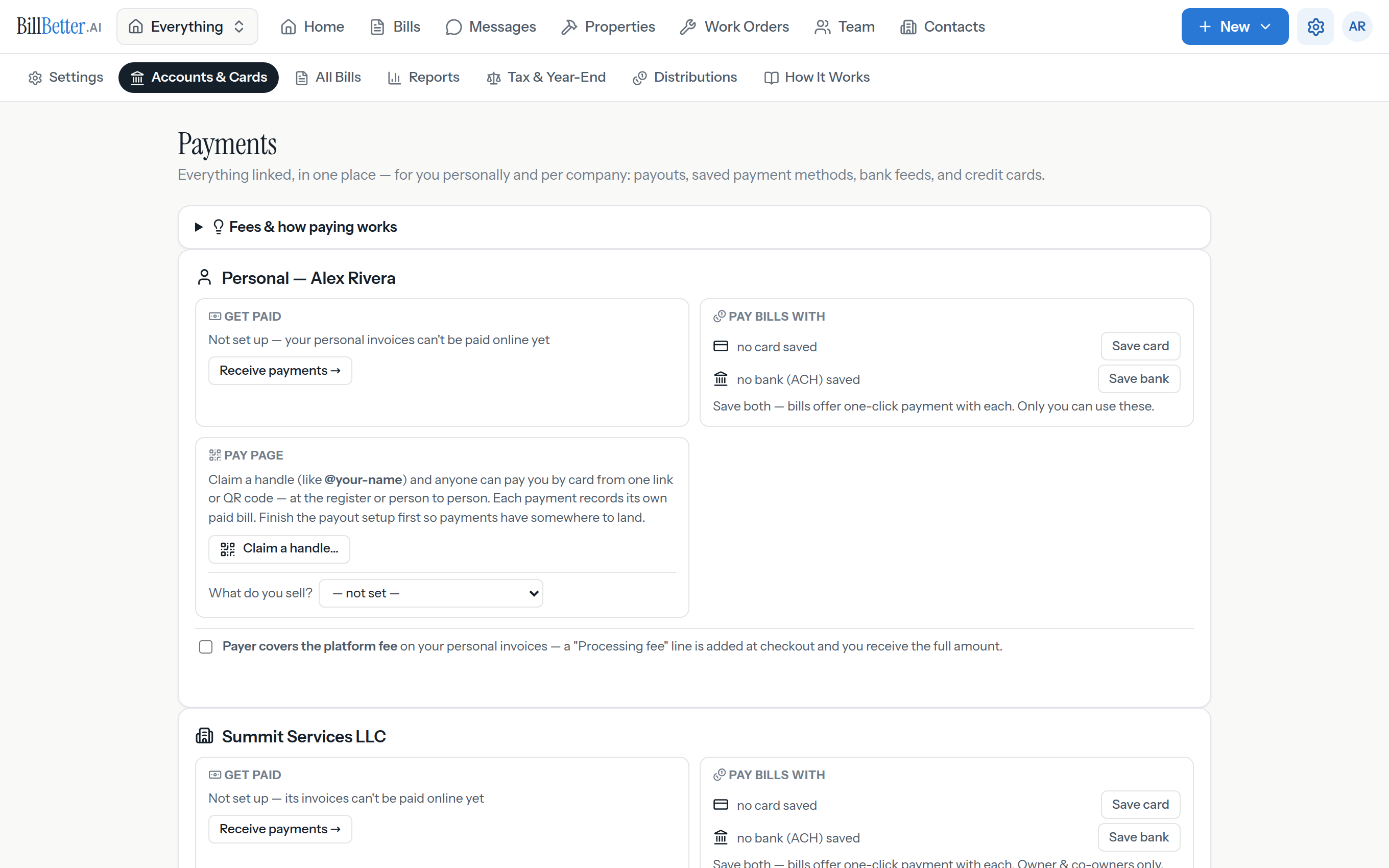 The Payments tab: personal and company payout accounts with saved cards and bank accounts