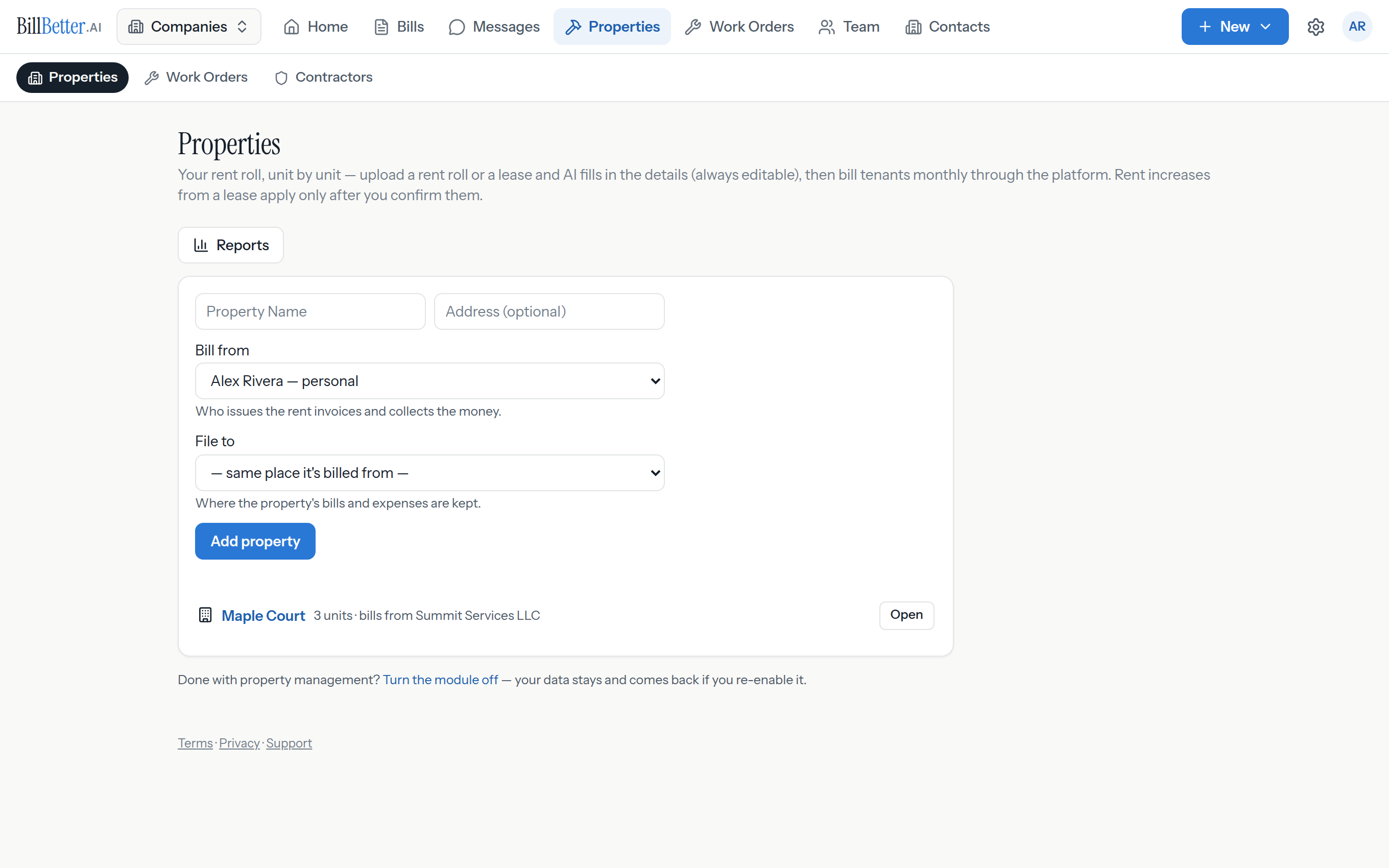 A property in BillBetter.AI: the rent roll of units with tenants, monthly rents, lease end dates, billing status, and a rent increase waiting for confirmation