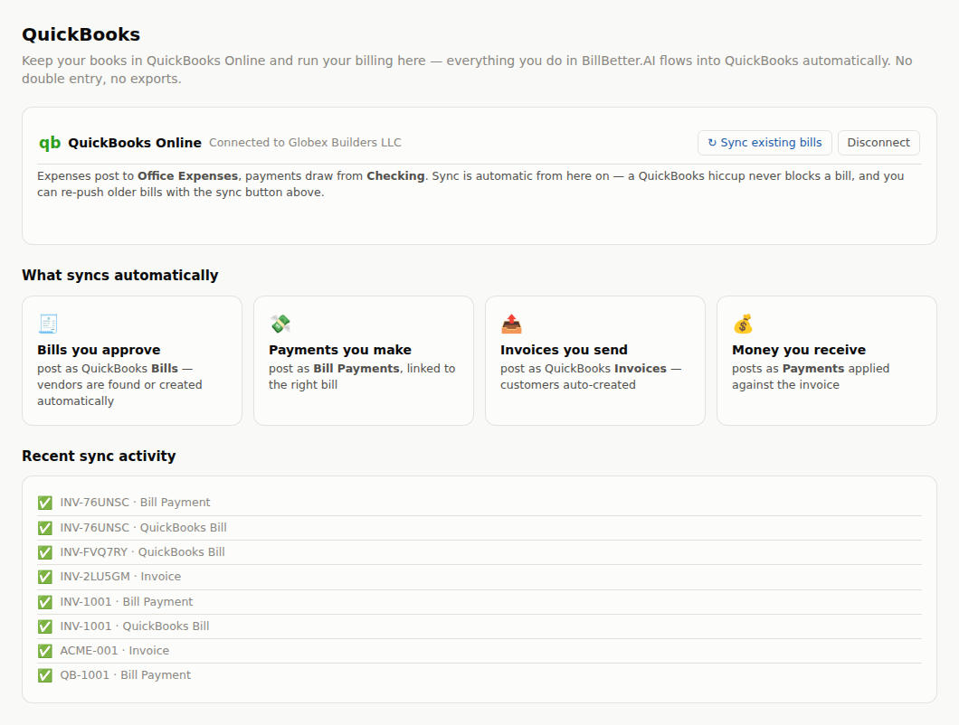 The QuickBooks tab: connected to QuickBooks Online with bills, bill payments, invoices and payments synced automatically